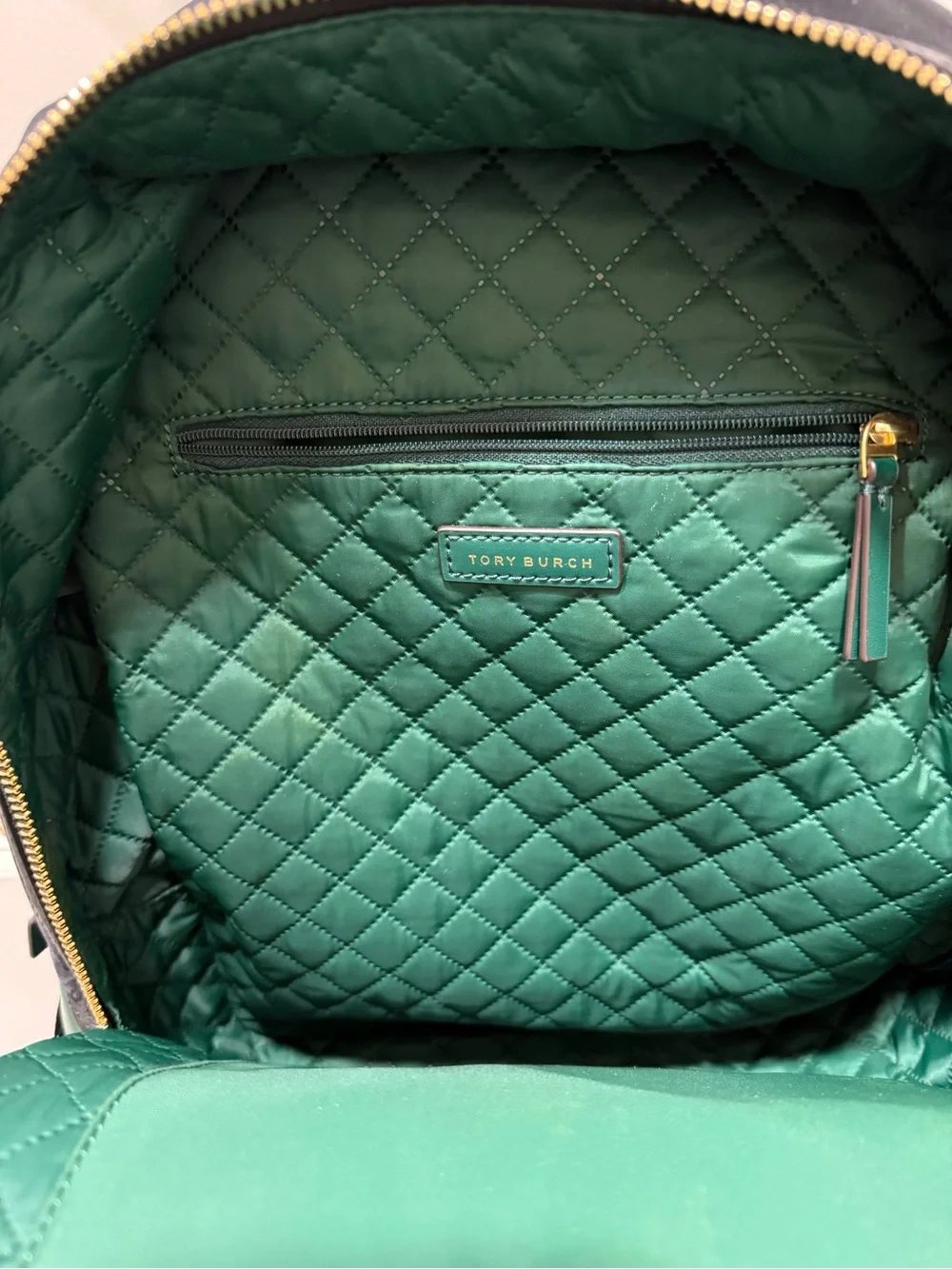 Authentic Tory Burch Quilted Black Backpack Interior with Gold Hardware Accents